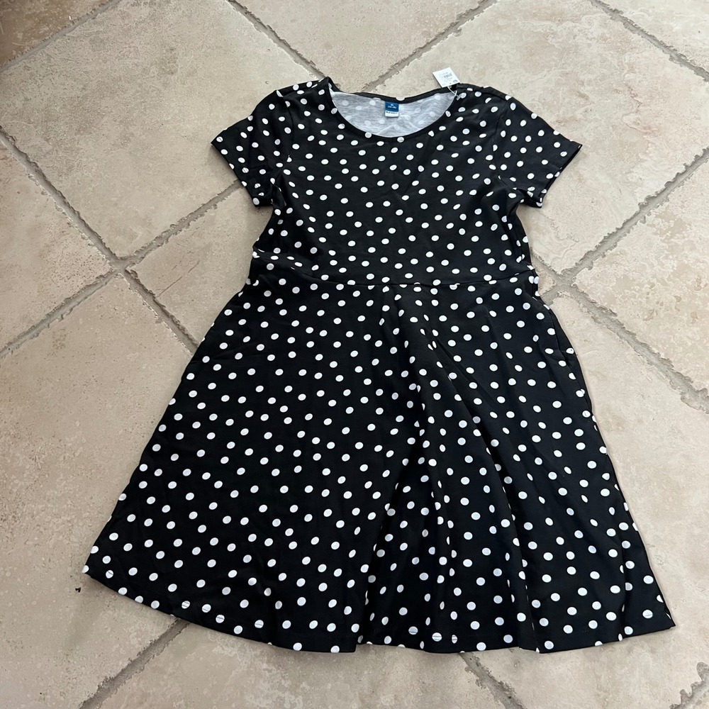 NWT Old Navy Girl XL Black White Polka Dot Cotton Fit Flare Dress Pocket 14-16